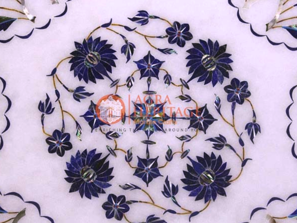 White Coffee Table Lapis Pietradura Inlay Floral Design